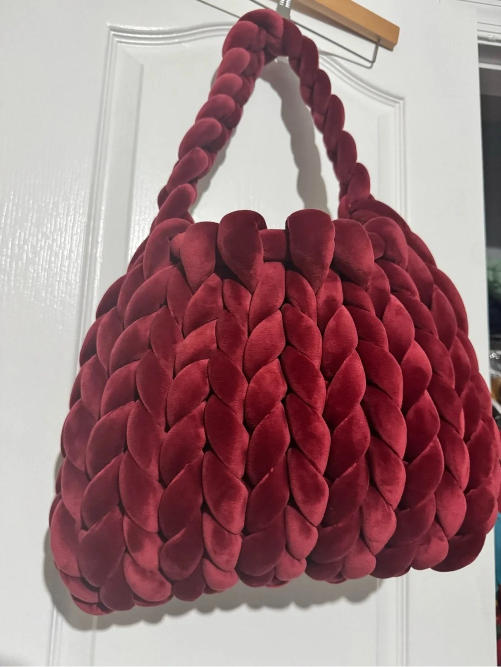 New Handmade Plush Chunky Braided Trendy Velvet Shoulder Bag - Burgundy